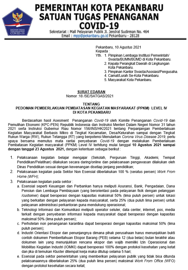 Pemko Pekanbaru Keluarkan Pedoman Lengkap Ppkm Level Iv Ini Isinya